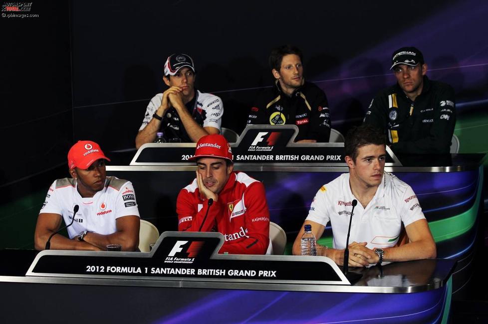 Bruno Senna (Williams), Romain Grosjean (Lotus), Witali Petrow (Caterham), Lewis Hamilton (McLaren), Fernando Alonso (Ferrari) und Paul di Resta (Force India) 