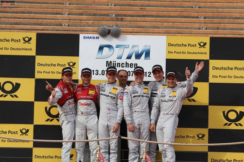 Timo Scheider (Abt-Audi), Ralf Schumacher (HWA-Mercedes), Jamie Green (HWA-Mercedes), Gary Paffett und Christian Vietoris (HWA-Mercedes) 