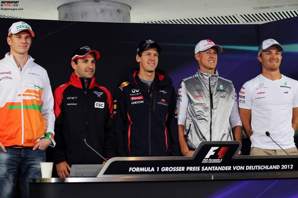Nico Hülkenberg (Force India), Timo Glock (Marussia), Sebastian Vettel (Red Bull), Michael Schumacher (Mercedes) und Nico Rosberg (Mercedes) 