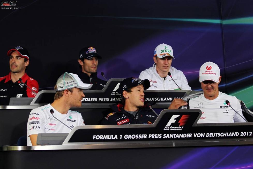 Timo Glock (Marussia), Mark Webber (Red Bull), Nico Hülkenberg (Force India), Nico Rosberg (Mercedes), Sebastian Vettel (Red Bull) und Michael Schumacher (Mercedes) 