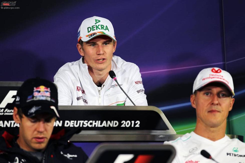 Nico Hülkenberg (Force India), Sebastian Vettel (Red Bull) und Michael Schumacher (Mercedes) 