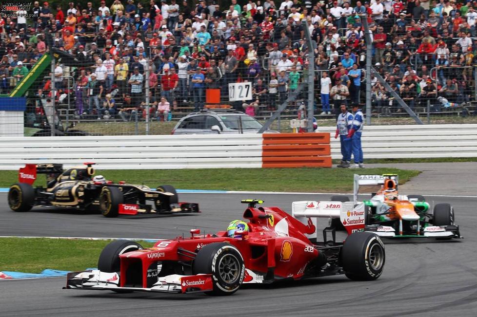 Felipe Massa (Ferrari), Nico Hülkenberg (Force India) und Kimi Räikkönen (Lotus) 