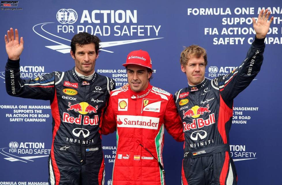 Mark Webber (Red Bull), Fernando Alonso (Ferrari) und Sebastian Vettel (Red Bull) die 3 besten im Qualifying in Hockenheim