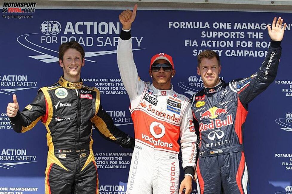 Lewis Hamilton (McLaren), Romain Grosjean (Lotus) und Sebastian Vettel (Red Bull) 