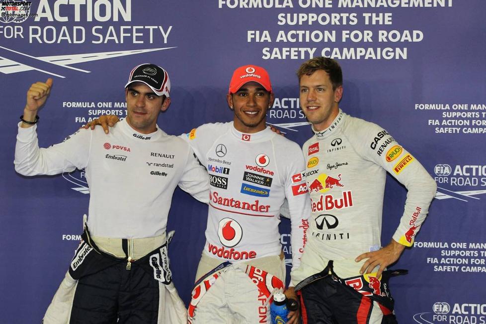 Pastor Maldonado (Williams), Lewis Hamilton (McLaren) und Sebastian Vettel (Red Bull) 
