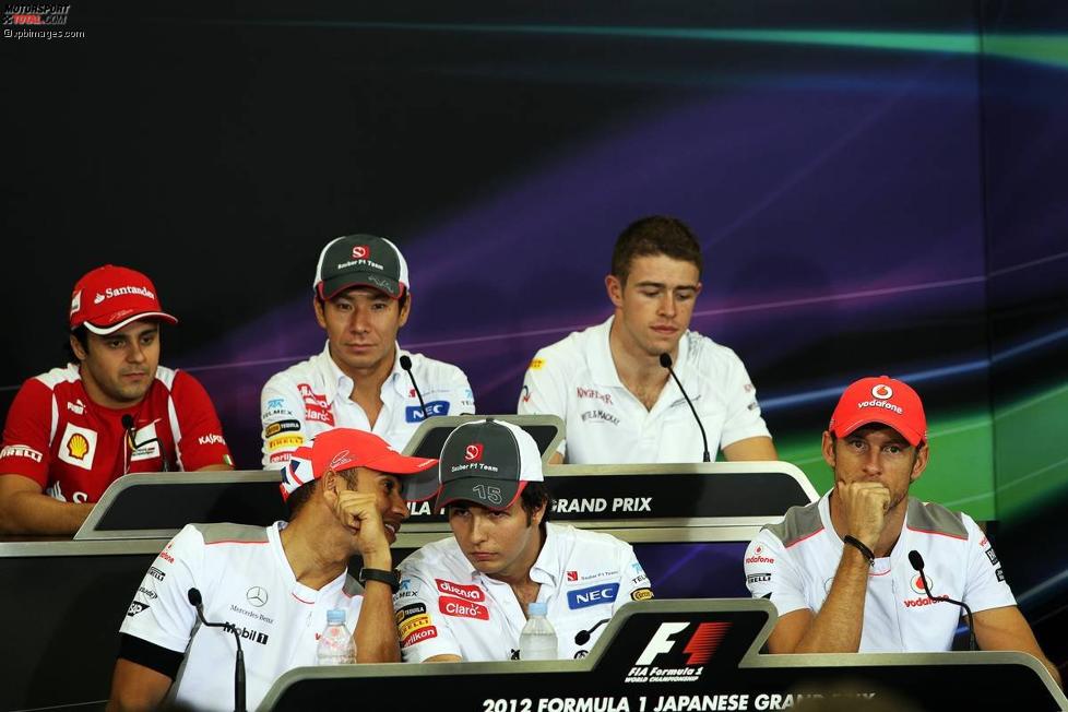 Oben: Felipe Massa (Ferrari), Kamui Kobayashi (Sauber) und Paul di Resta (Force India); unten: Lewis Hamilton (McLaren), Sergio Perez (Sauber) und Jenson Button (McLaren) 