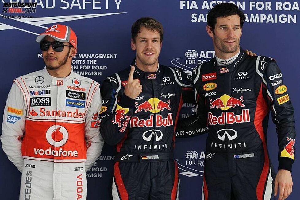 Nach dem Qualifying: Lewis Hamilton (McLaren), Sebastian Vettel (Red Bull) und Mark Webber (Red Bull) 