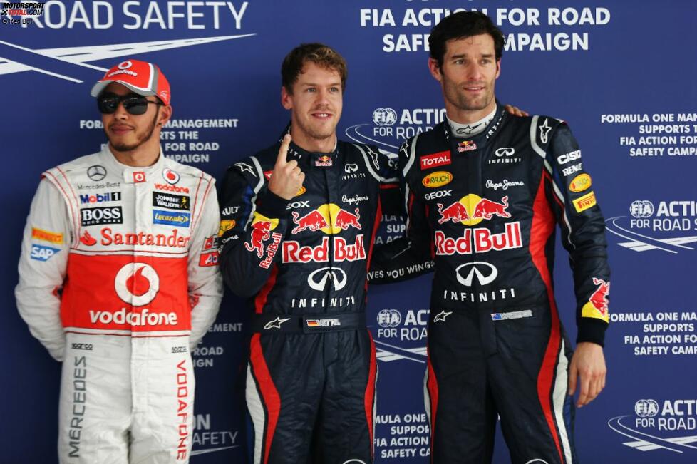 Sebastian Vettel (Red Bull), Mark Webber (Red Bull) und Lewis Hamilton (McLaren) 