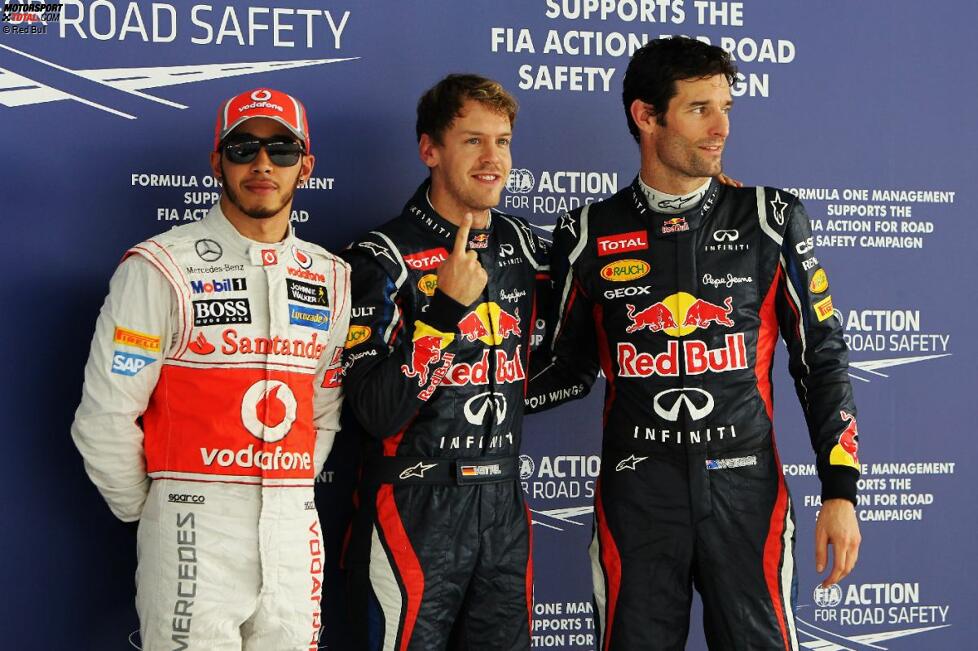 Sebastian Vettel (Red Bull), Mark Webber (Red Bull) und Lewis Hamilton (McLaren) 