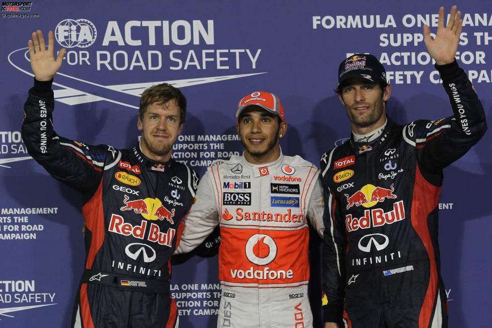 Nach dem Qualifying: Sebastian Vettel (Red Bull), Lewis Hamilton (McLaren) und Mark Webber (Red Bull)