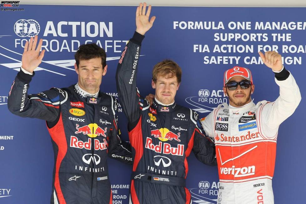 Die ersten Drei aus dem Qualifying: Mark Webber (Red Bull), Sebastian Vettel (Red Bull) und Lewis Hamilton (McLaren) 