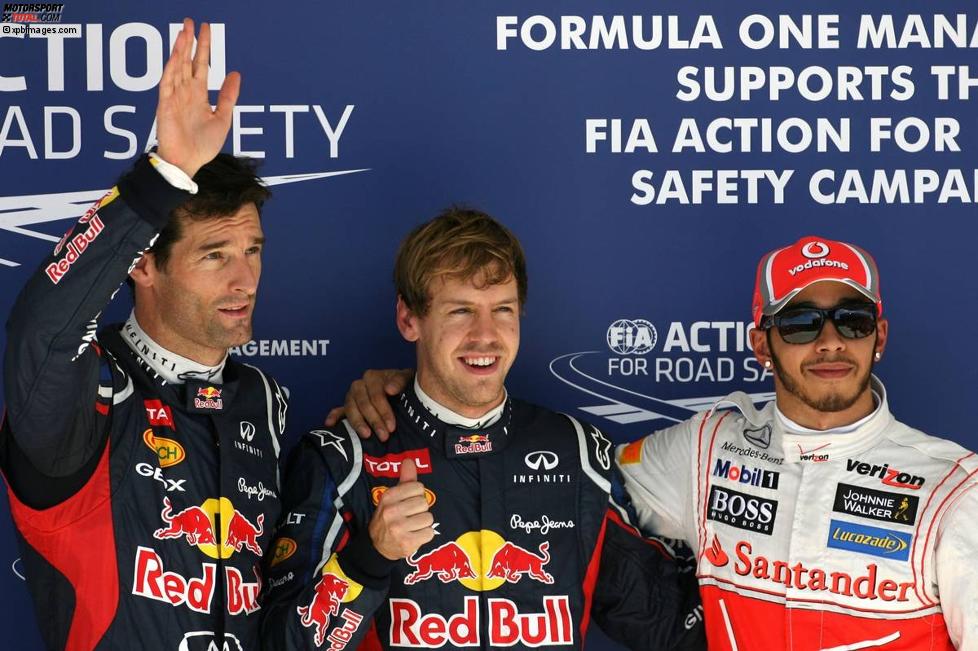 Mark Webber (Red Bull), Sebastian Vettel (Red Bull) und Lewis Hamilton (McLaren) 