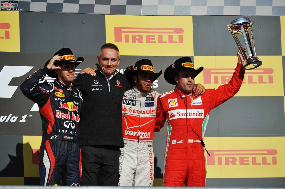 Sebastian Vettel (Red Bull), Martin Whitmarsh (Teamchef, McLaren), Lewis Hamilton (McLaren) und Fernando Alonso (Ferrari) 