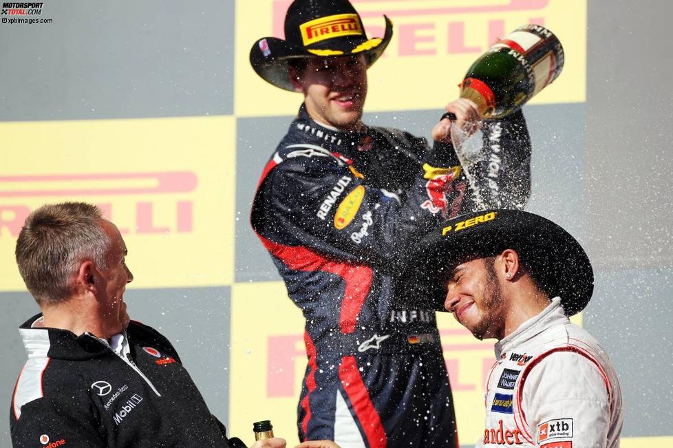 Lewis Hamilton (McLaren), Martin Whitmarsh (Teamchef, McLaren) und Sebastian Vettel (Red Bull) 