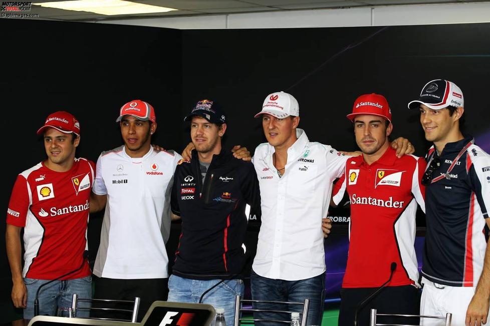 Donnerstags-Pressekonferenz mit Felipe Massa (Ferrari), Lewis Hamilton (McLaren), Sebastian Vettel (Red Bull), Michael Schumacher (Mercedes), Fernando Alonso (Ferrari) und Bruno Senna (Williams) 