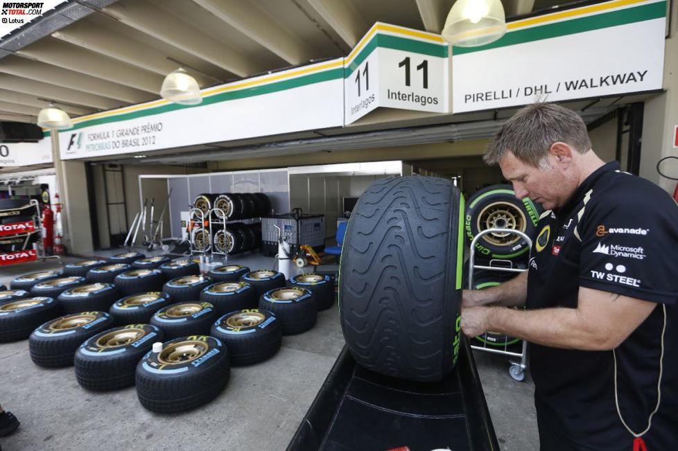 Lotus-Mechaniker arbeitet mit den Pirelli-Reifen