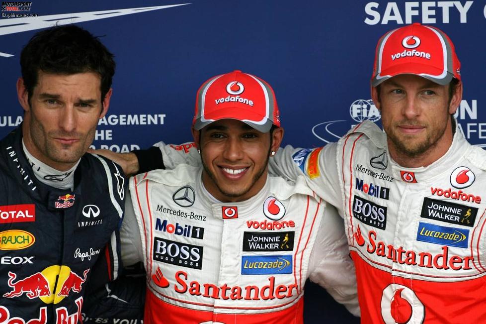 Mark Webber (Red Bull), Lewis Hamilton (McLaren) und Jenson Button (McLaren) 