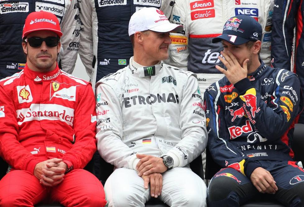 Fernando Alonso (Ferrari), Michael Schumacher (Mercedes) und Sebastian Vettel (Red Bull) 