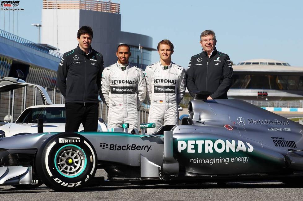 Toto Wolff, Lewis Hamilton, Nico Rosberg und Ross Brawn (Mercedes)