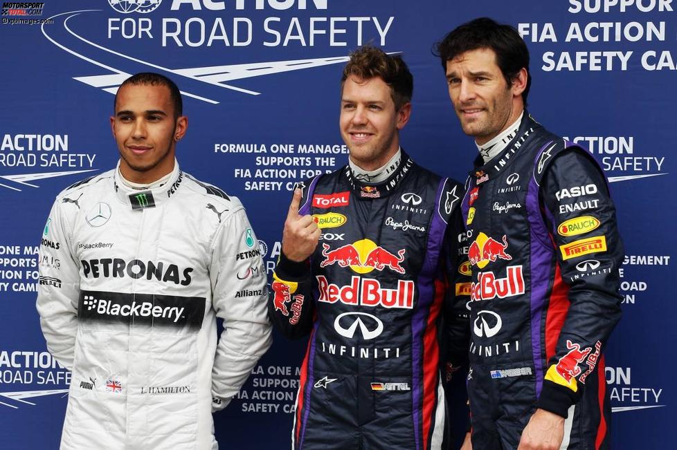 Lewis Hamilton (Mercedes), Sebastian Vettel (Red Bull) und Mark Webber (Red Bull) 