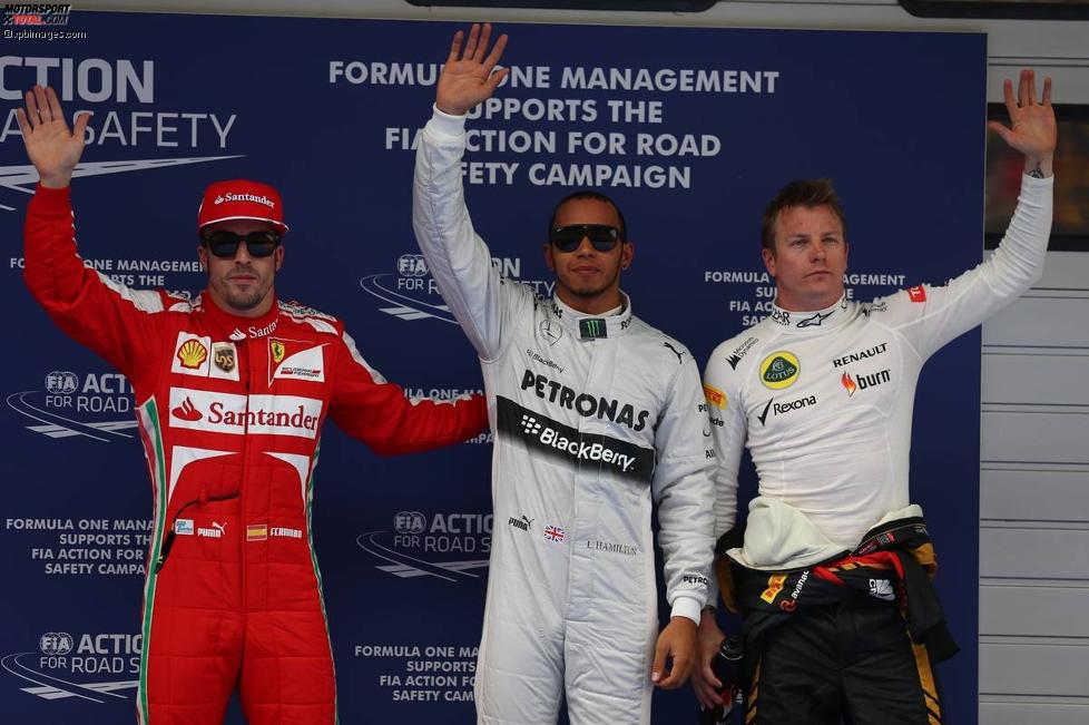 Pole-Position für Lewis Hamilton (Mercedes), Kimi Räikkönen (Lotus) und Fernando Alonso (Ferrari) dahinter