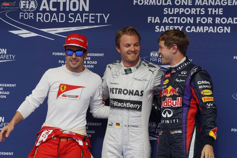 Fernando Alonso (Ferrari), Nico Rosberg (Mercedes) und Sebastian Vettel (Red Bull) 