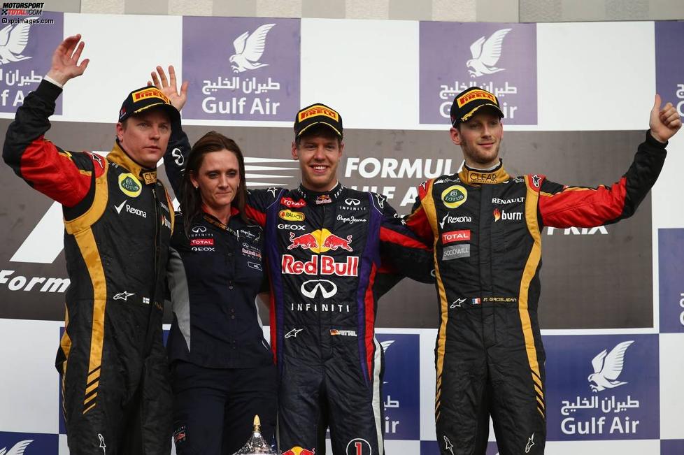 Das Podest im Rennen in Bahrain: Sebastian Vettel (Red Bull), Kimi Räikkönen (Lotus) und Romain Grosjean (Lotus) 