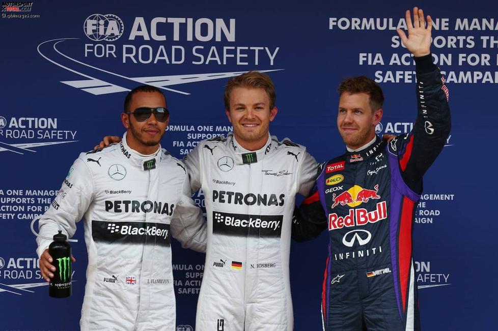 Nico Rosberg (Mercedes), Lewis Hamilton (Mercedes) und Sebastian Vettel (Red Bull) 