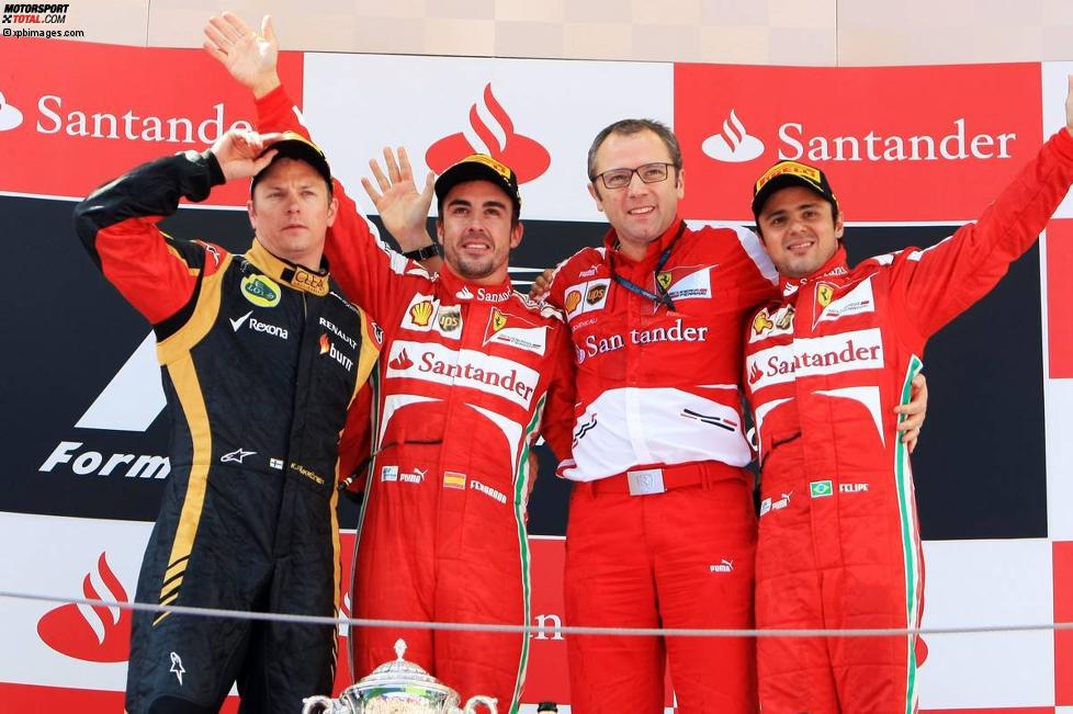Fernando Alonso (Ferrari), Stefano Domenicali, Felipe Massa (Ferrari) und Kimi Räikkönen (Lotus) 