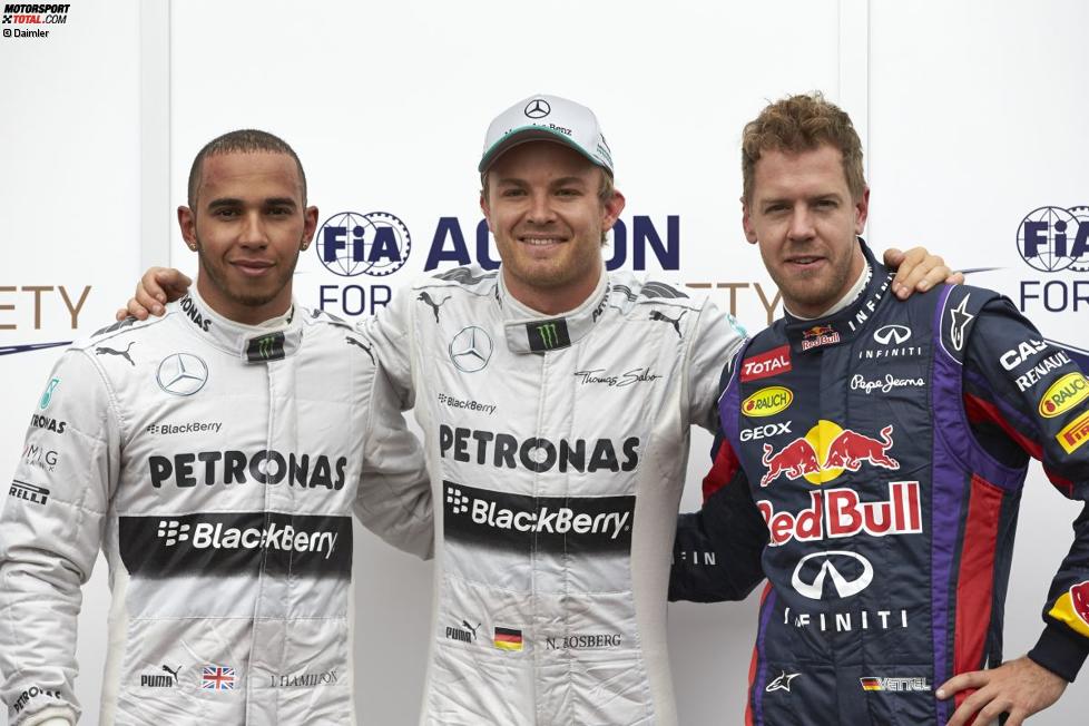 Lewis Hamilton, Nico Rosberg (Mercedes) und Sebastian Vettel (Red Bull) 