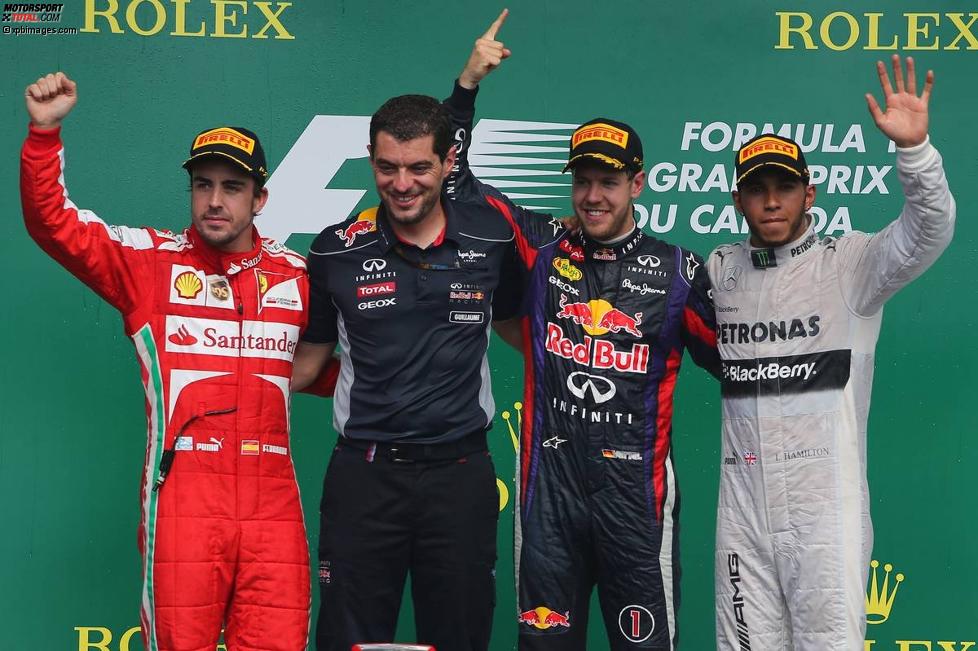 Sebastian Vettel (Red Bull), Fernando Alonso (Ferrari) und Lewis Hamilton (Mercedes) 