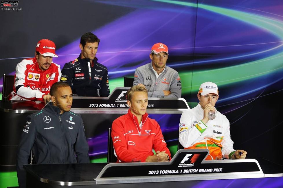 Fernando Alonso (Ferrari), Mark Webber (Red Bull), Jenson Button (McLaren), Lewis Hamilton (Mercedes), Max Chilton (Marussia) und Paul di Resta (Force India) 