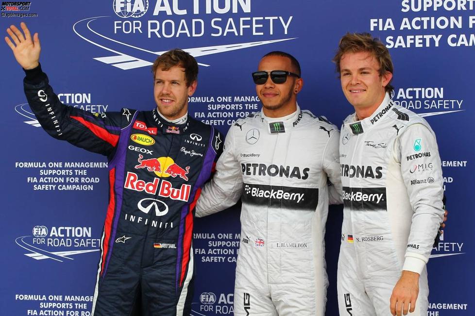 Sebastian Vettel (Red Bull), Lewis Hamilton (Mercedes) und Nico Rosberg (Mercedes) 