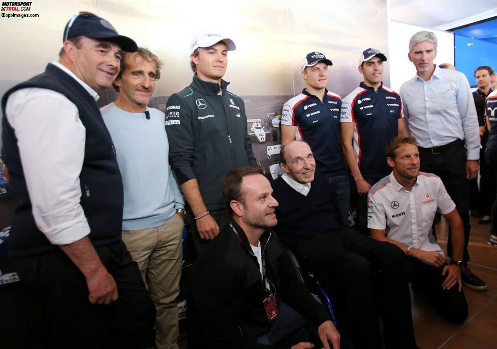Ehemalige und aktuelle Williams-Fahrer: Nigel Mansell, Alain Prost, Rubens Barrichello, Nico Rosberg, Pastor Maldonado, Valtteri Bottas, Jenson Button und Damon Hill