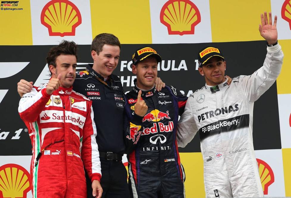 Fernando Alonso (Ferrari), Sebastian Vettel (Red Bull) und Lewis Hamilton (Mercedes) 