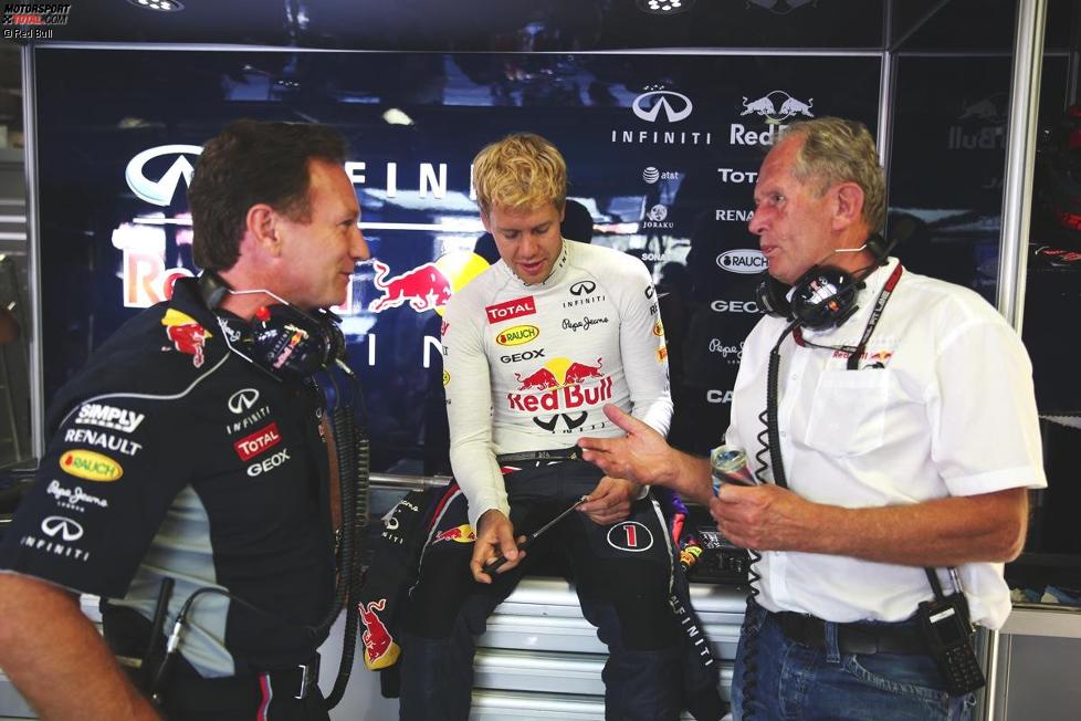 Christian Horner, Sebastian Vettel und Helmut Marko (Red Bull)