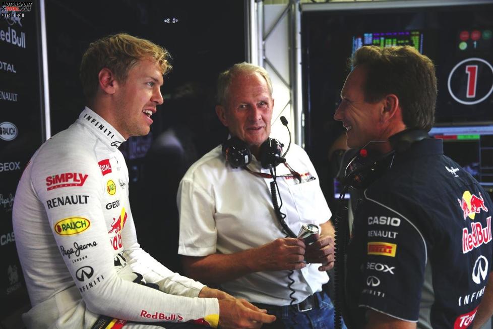 Sebastian Vettel, Helmut Marko und Christian Horner (Red Bull) 