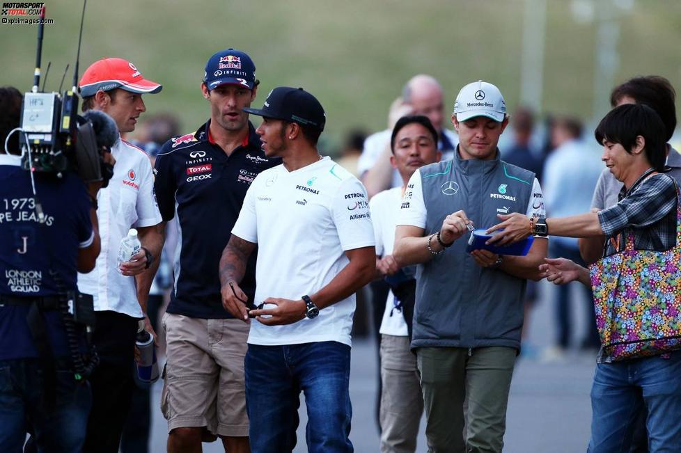 Jenson Button (McLaren), Mark Webber (Red Bull), Lewis Hamilton (Mercedes) und Nico Rosberg (Mercedes) 