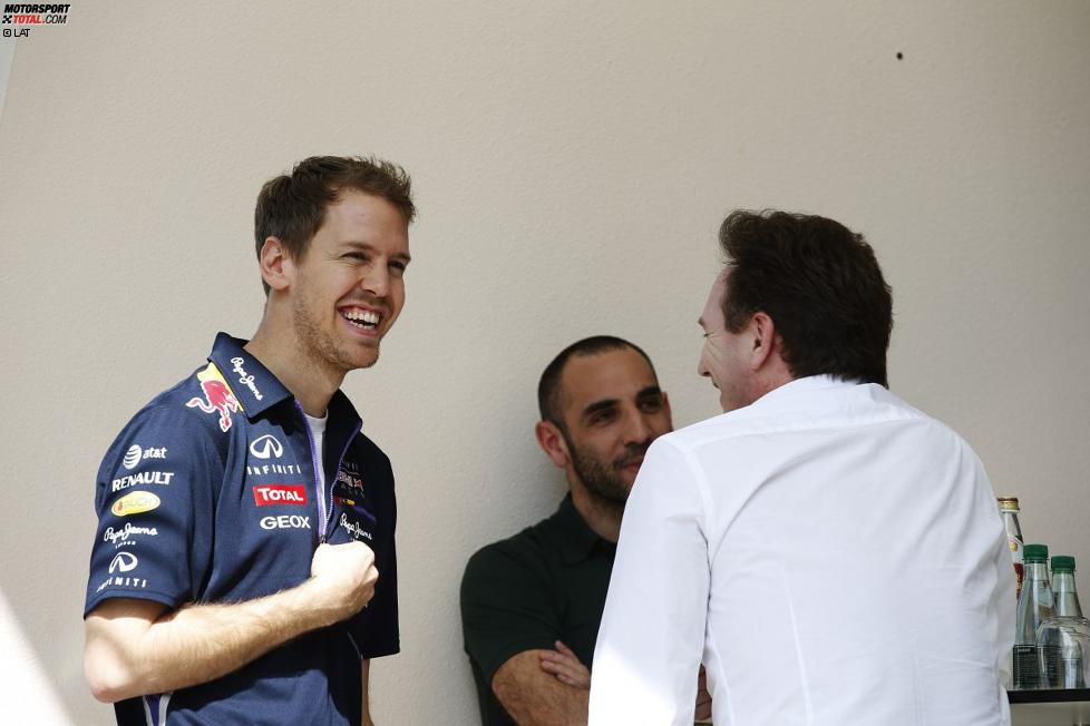 Sebastian Vettel (Red Bull), Christian Horner und Cyril Abiteboul (Caterham) 