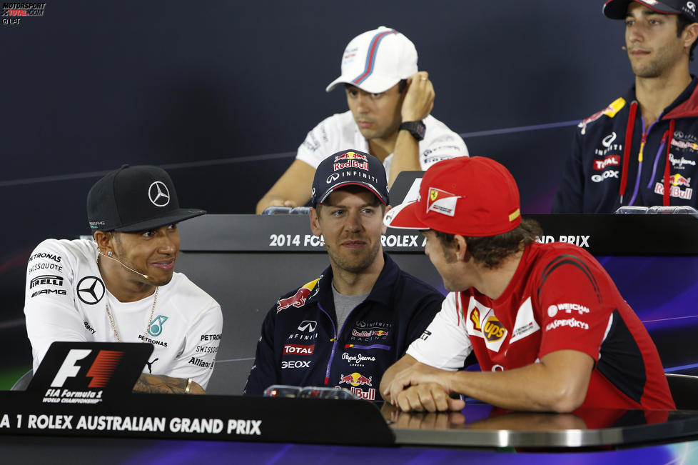 Lewis Hamilton (Mercedes), Sebastian Vettel (Red Bull), Fernando Alonso (Ferrari), Felipe Massa (Williams) und Daniel Ricciardo (Red Bull) 