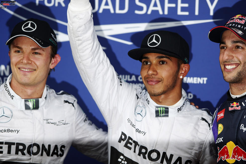 Lewis Hamilton (Mercedes), Daniel Ricciardo (Red Bull) und Nico Rosberg (Mercedes) 