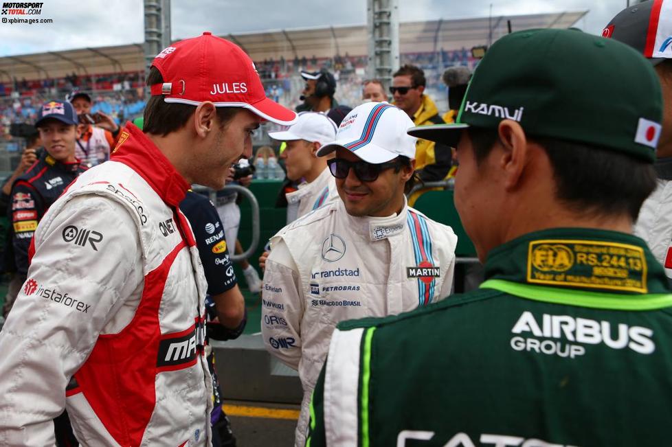 Jules Bianchi (Marussia), Felipe Massa (Williams) und Kamui Kobayashi (Caterham) 