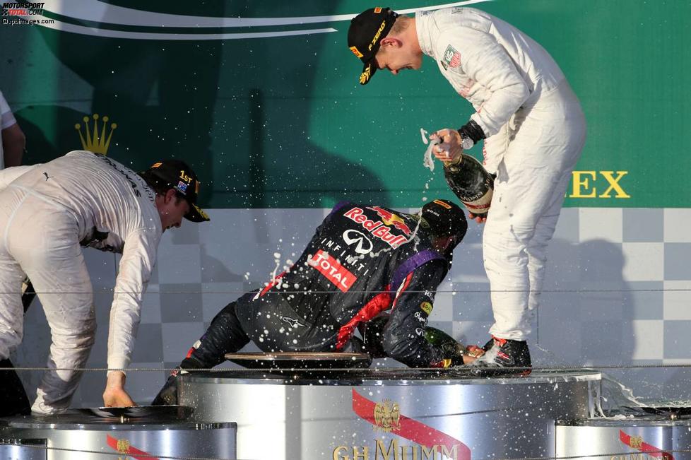 Daniel Ricciardo (Red Bull), Nico Rosberg (Mercedes) und Kevin Magnussen (McLaren) 