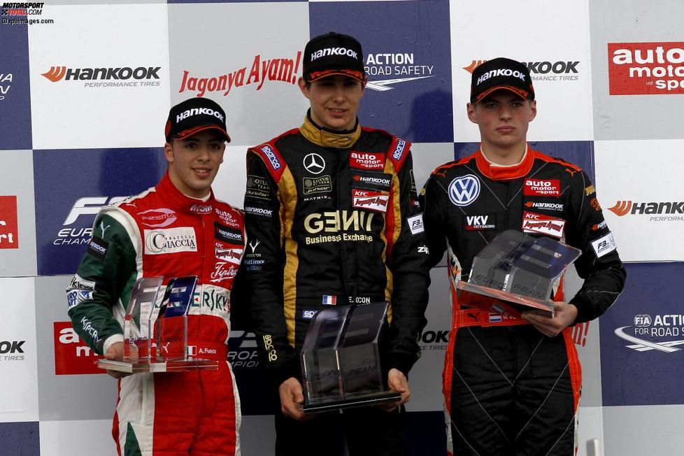 Antonio Fuoco, Esteban Ocon und Max Verstappen 
