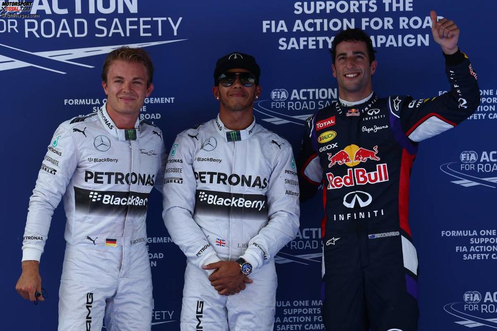 Lewis Hamilton (Mercedes), Nico Rosberg (Mercedes) und Daniel Ricciardo (Red Bull) 