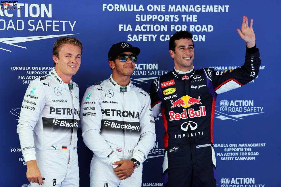 Nico Rosberg (Mercedes), Lewis Hamilton (Mercedes) und Daniel Ricciardo (Red Bull) 