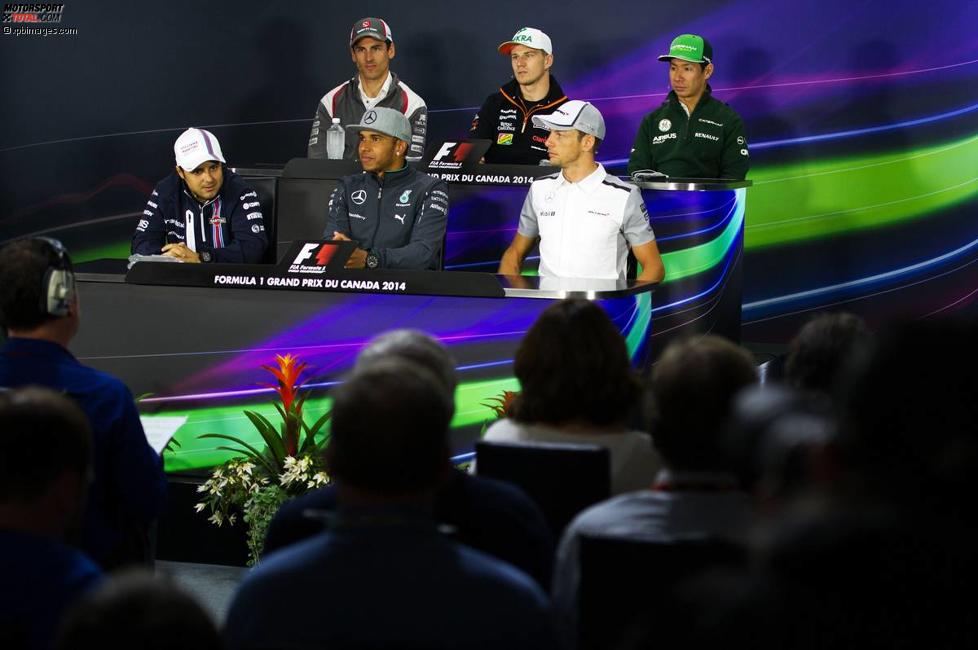 Adrian Sutil (Sauber), Nico Hülkenberg (Force India), Kamui Kobayashi (Caterham), Felipe Massa (Williams), Lewis Hamilton (Mercedes) und Jenson Button (McLaren) 