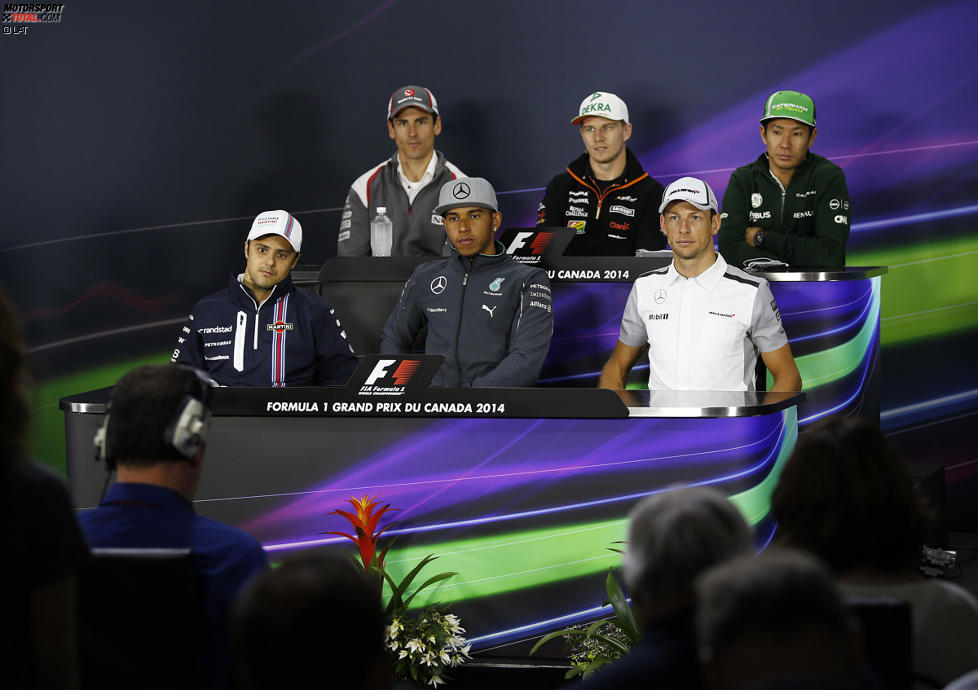 Felipe Massa (Williams), Lewis Hamilton (Mercedes), Jenson Button (McLaren), Kamui Kobayashi (Caterham), Nico Hülkenberg (Force India) und Adrian Sutil (Sauber) 