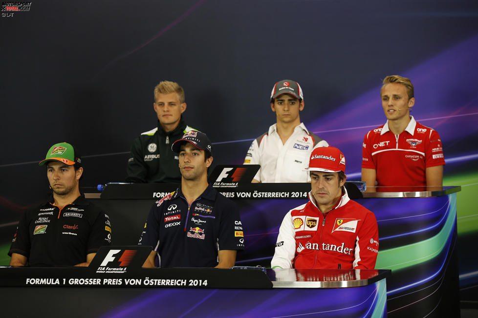 Hinten: Marcus Ericsson (Caterham), Esteban Gutierrez (Sauber) und Max Chilton (Marussia); vorne: Sergio Perez (Force India), Daniel Ricciardo (Red Bull) und Fernando Alonso (Ferrari)