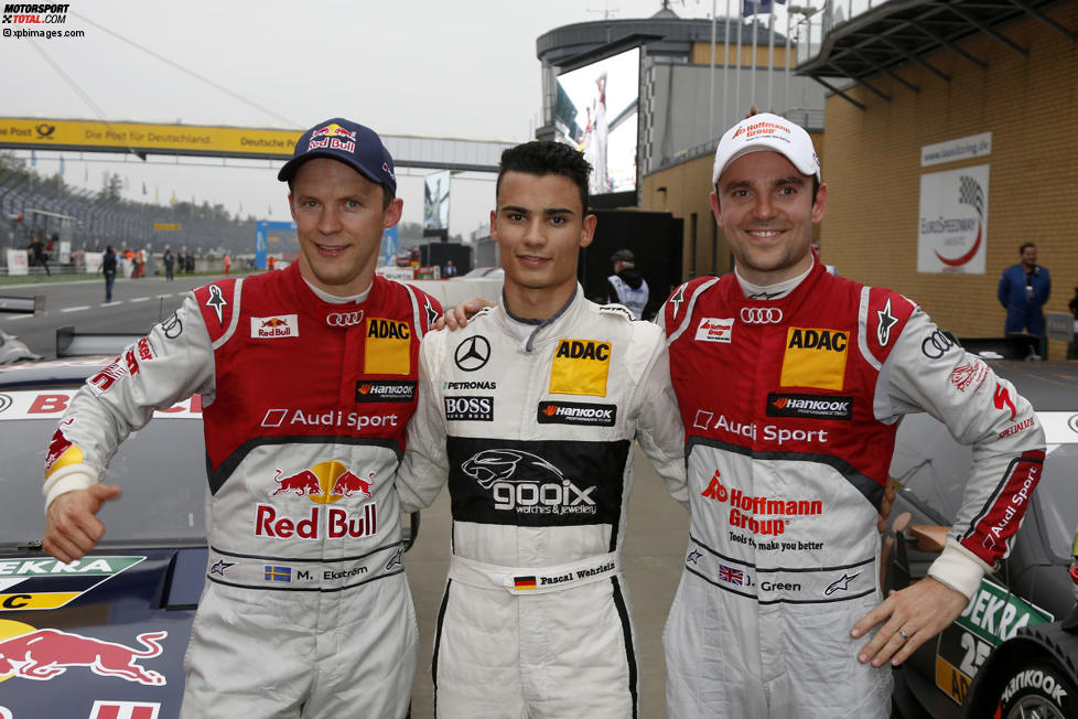 Pascal Wehrlein (HWA-Mercedes), Mattias Ekström (Abt-Sportsline-Audi) und Jamie Green (Rosberg-Audi) 